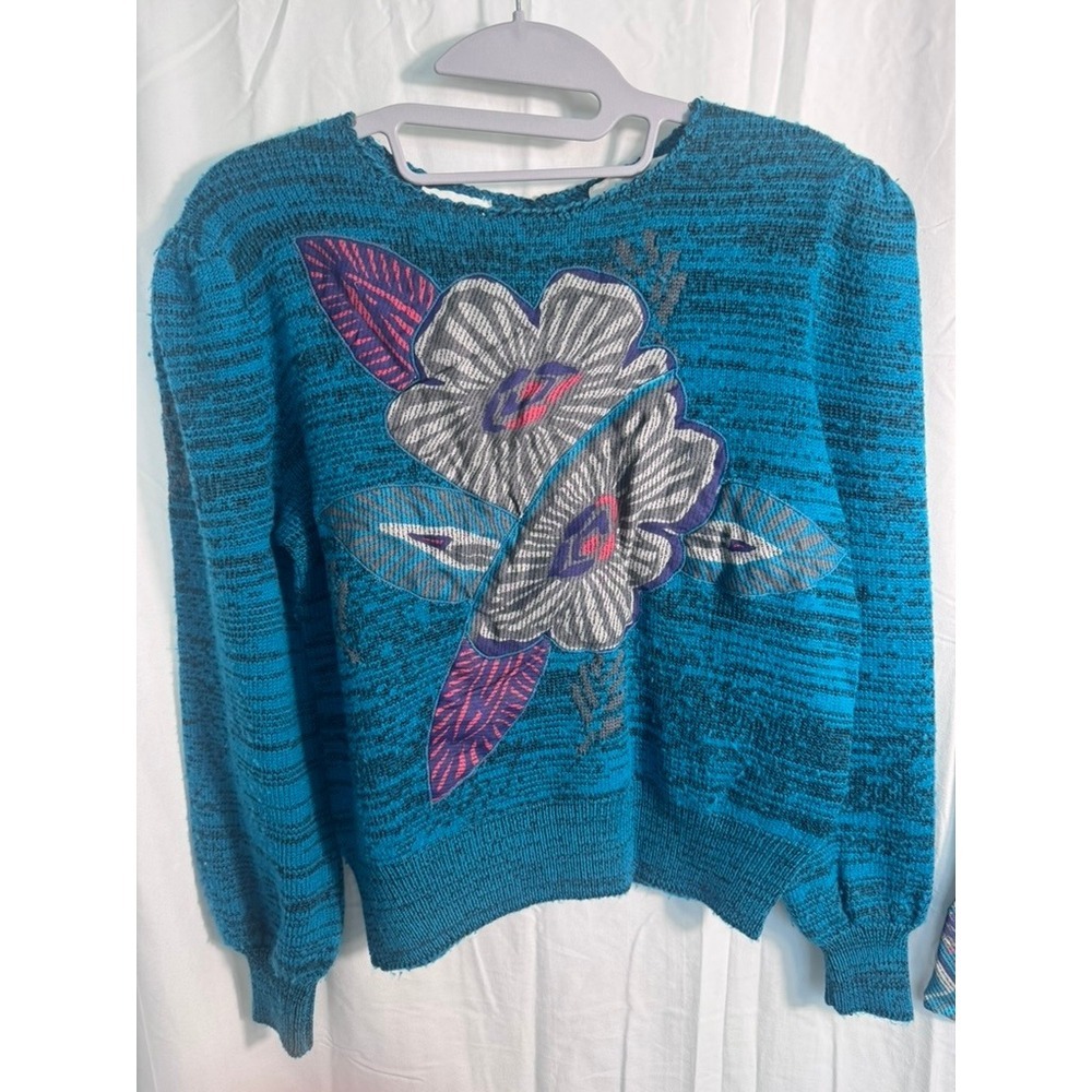 Vintage Janet Maffei 2-Piece Sweater Skirt Set 80s 90s Abstract Floral Knit